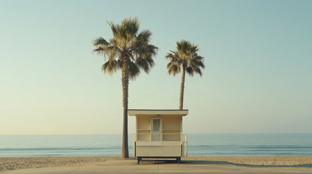 A serene beach hut under palm trees by the ocean at sunset, capturing tranquility and natural beauty in a coastal settingの素材