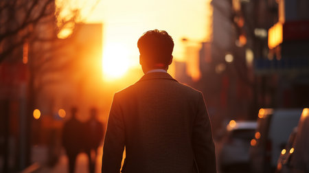 A person walking towards a sunset on a city street during golden hour, showcasing urban life and serene beauty in the eveningの素材
