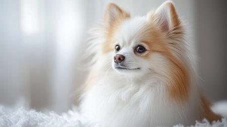 A fluffy Pomeranian dog resting on a soft surface with warm natural light in a cozy indoor setting during the afternoonの素材
