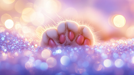 A small paw reaching out against a sparkling pastel background at dusk, showcasing soft fur and delicate detailsの素材