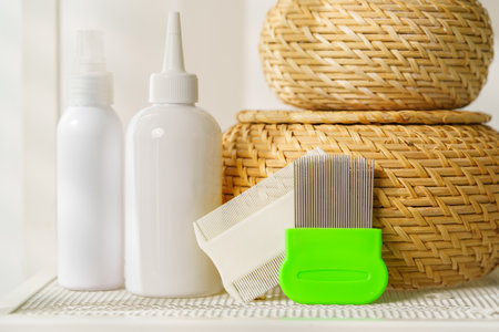 Bottles of Lice Treatment Products and a Comb on a Countertopの写真素材