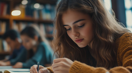 Student studying diligently in a cozy library space filled with books during a quiet afternoonの素材
