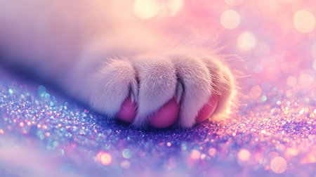 A close-up view of a fluffy cats paw resting on sparkling surfaces during twilight hoursの素材