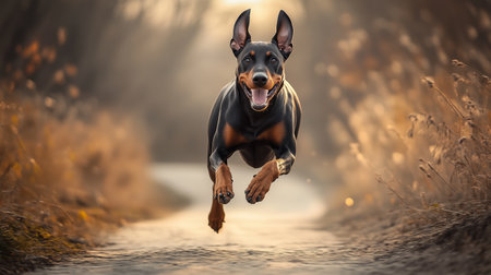 A joyful Doberman runs through a sunlit pathway surrounded by tall grass on a beautiful afternoonの素材