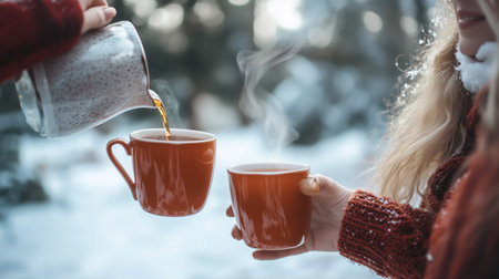 Cozy winter moment with steaming cups of tea shared between friends in a snowy outdoor setting during afternoon lightの素材