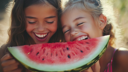 Two joyful girls sharing a large slice of juicy watermelon during a sunny summer day in a grassy fieldの素材