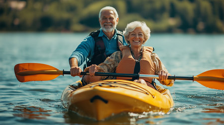 Senior couple kayaks together on a sunny day in a serene lake surrounded by lush treesの素材
