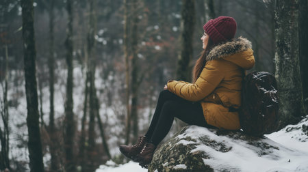 A woman in a yellow jacket enjoys a quiet moment on a snowy rock in the forest during winterの素材