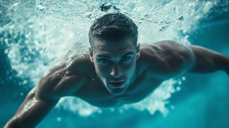 A muscular swimmer propelling through the clear blue water during a midday practice session in a swimming poolの素材
