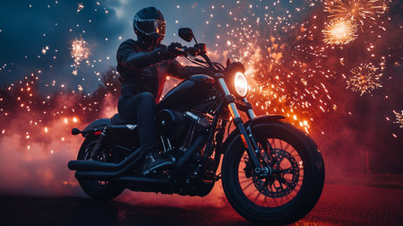 Motorcyclist rides through vibrant fireworks display at night, enjoying the thrill of an adventurous momentの素材