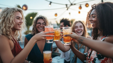 Friends enjoying colorful cocktails during a sunset celebration at a beachside venue in summerの素材