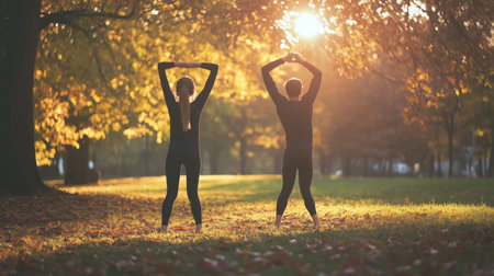 Two individuals stretch outdoors in an autumn park during sunset, surrounded by colorful foliage and warm sunlightの素材