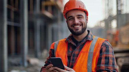 Construction worker smiles while using a smartphone at a busy job site during the dayの素材