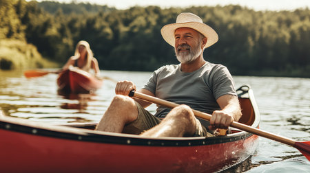 A peaceful afternoon of kayaking on a tranquil lake surrounded by lush greenery in summerの素材