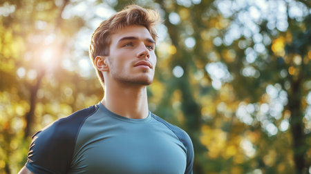 Young man enjoying nature during a morning workout in a sunny forest setting, surrounded by trees and warm sunlightの素材
