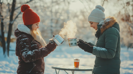 Two young women enjoying hot beverages in a snowy landscape during winter, surrounded by trees and morning lightの素材
