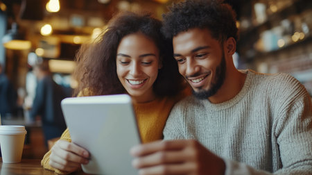Couple enjoying a cozy cafÃ© moment while sharing a tablet at a bustling cafÃ© during the late afternoonの素材