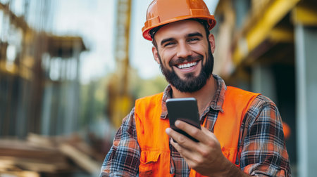 Construction worker in safety gear smiles while using a smartphone at a busy job site during daylight hoursの素材