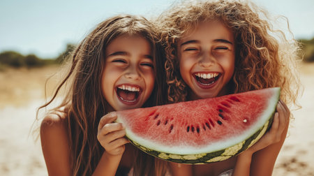 Two girls joyfully enjoying a large slice of watermelon on a sunny day at the beach surrounded by nature and laughterの素材