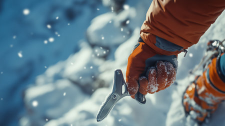 Climber grips an ascender tool on a snow-covered mountain during winter ascent in bright daylightの素材