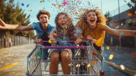 Friends enjoying a fun day together by riding in a shopping cart while confetti flies in a vibrant outdoor settingの素材