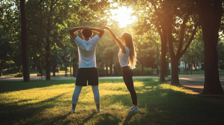 Couple dancing together in a sunlit park during sunset with trees all around them on a warm eveningの素材