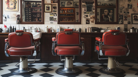 Vintage barber shop interior with red leather chairs and retro decor in a cozy urban settingの素材