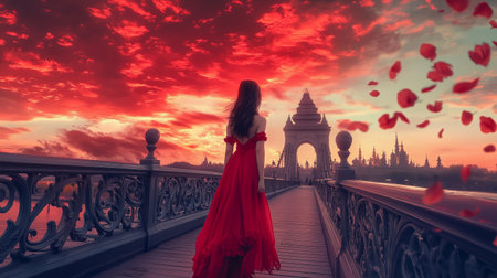 A woman in a flowing red dress walks along a bridge at sunset with vibrant clouds and petals drifting in the air in a magical settingの素材