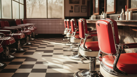 Empty vintage barbershop with red chairs and checkered floor during early morning lightの素材