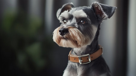 A close-up of a schnauzer sitting indoors, captured during the evening with soft lighting highlighting its featuresの素材