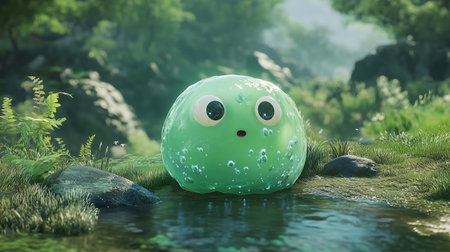 A cute green slime character sitting beside a tranquil pond surrounded by lush greenery in a serene outdoor settingの素材