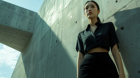 A woman in a stylish black outfit stands confidently near modern architecture on a bright, sunny dayの素材