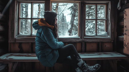 A person sits quietly by the window in a cozy cabin, observing the snowy landscape outside during winterの素材