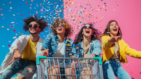 Group of friends celebrating joyfully while riding in a shopping cart, surrounded by colorful confetti against a vibrant backdropの素材