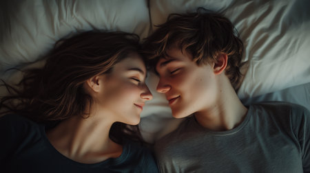 Young couple enjoying an intimate moment while lying on a bed in soft lighting, sharing a tender gaze and warm smilesの素材