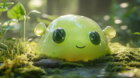Cute green gelatinous creature resting in lush forest surrounded by vibrant foliage and soft moss in bright sunlightの素材
