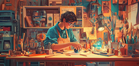 Young artist working diligently in a vibrant workshop filled with tools and materials during the afternoon lightの素材