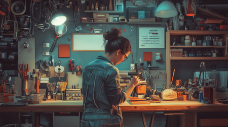 Creative individual working diligently in a well-organized workshop filled with various tools and materials during evening hoursの素材