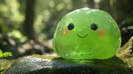 A cheerful green slime creature is resting on a mossy rock in a vibrant forest during a sunny dayの素材