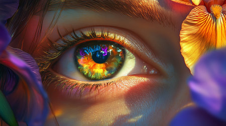 A close-up view of an eye surrounded by vibrant flowers capturing the beauty of nature and human expression in sunlightの素材