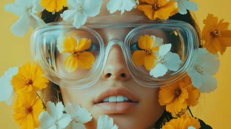 A person with glasses surrounded by vibrant yellow and white flowers against a bright yellow backdropの素材