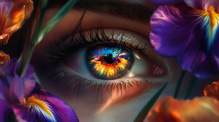 An eye framed by vibrant irises capturing reflections of fiery colors in a serene, artistic composition outdoorsの素材