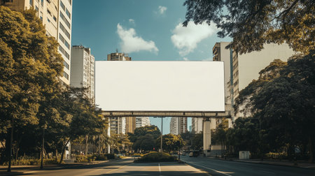 A blank billboard stands tall amidst urban buildings on a sunny day in a bustling city, showcasing potential advertising spaceの素材
