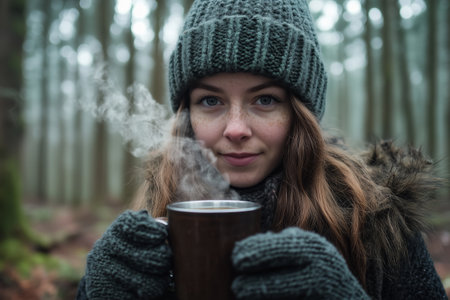 A woman in warm clothing enjoys a steaming mug in a tranquil forest during cold winter morningの素材