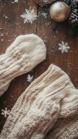 Cozy cream knitted mittens resting on a wooden table surrounded by snowflakes and holiday decorations in wintertimeの素材