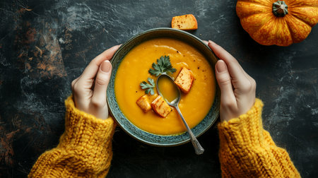 Warm pumpkin soup served in a rustic bowl with garnishes, held by hands in a cozy sweater on a dark kitchen tableの素材