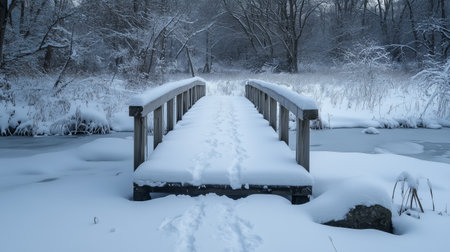 Snow-covered wooden bridge in a serene winter landscape surrounded by trees during a snowy afternoonの素材
