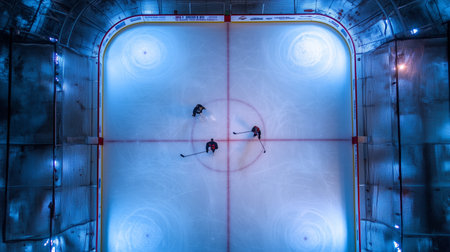 Three hockey players practice on an illuminated ice rink during evening hours in a modern sports complexの素材