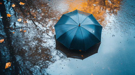 A solitary blue umbrella rests on a rain-soaked pavement surrounded by reflections of autumn leaves in a tranquil park settingの素材