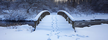 Snow-covered bridge over a gently flowing river surrounded by winter scenery in a tranquil park setting at duskの素材